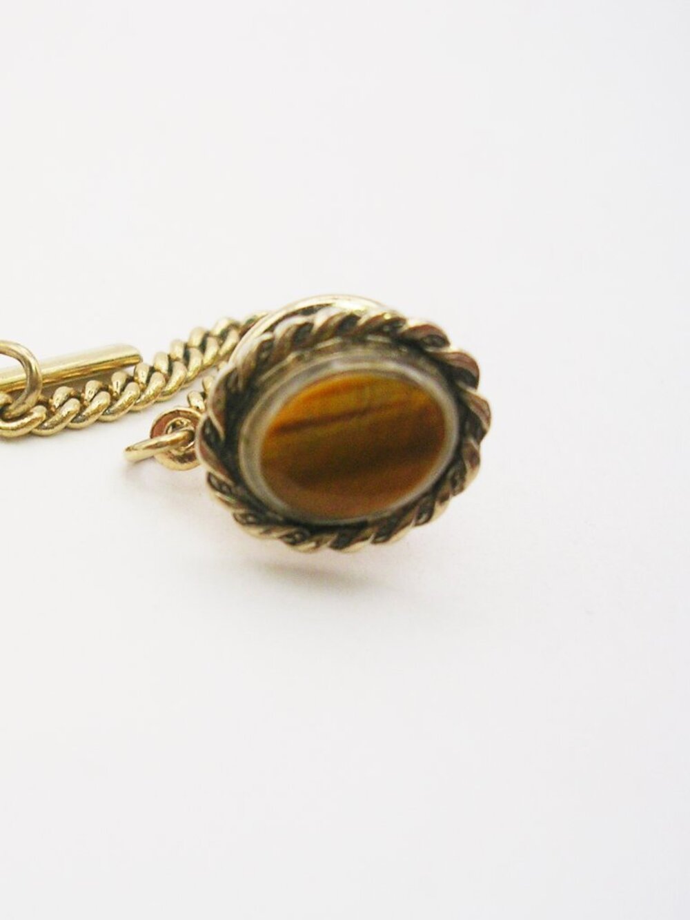 Tie Tack genuine Tiger Eye Gemstone vintage Necktie Pin with Chain Formal Wear